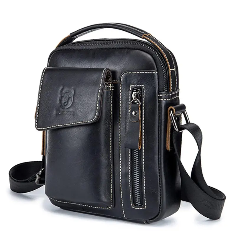 FR Fashion Co. Men's Genuine Leather Crossbody Bag - Classic Black, Adjustable Non-Slip Strap, Lightweight, Zipper Closure, Travel & Everyday Use, 100% Genuine Leather, 8.66" L x 7.08" H x 1.97" W
