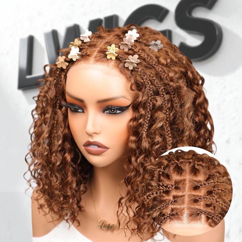 【100%Human Hair】LWIGS Boho Braids Deep Curly Glueless 5x5 Closure Pre-Cut Lace Short Curly Human Hair Braided Wig Natural Black Bohemian Style , cannot be dyed