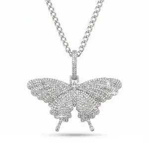 【AMKMAX】14K White Gold Plated Iced Out Butterfly Pendant Necklace for Women & Men – CZ Diamond Cuban Link Chain, Hip Hop Bling Butterfly Necklace, Statement Jewelry Gift