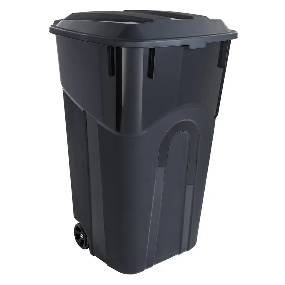 32 Gal Freestanding Heavy-Duty Waterproof Plastic Garbage Bin with Attached Lid, Black Bin with Lid