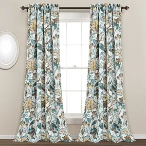 Lush Decor Cynthia Jacobean Room Darkening Window Curtain Panels Pair 52"W x 84"—120''L+2" - Floral Curtains for Living Room - Long Bedroom Curtains