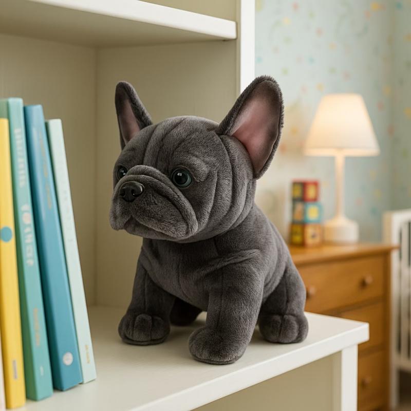 Realistic French Bulldog Plush Stuffed Animal – Soft Black & Grey Coarse Coat, Expressive Eyes, Light Beige Fluffy Ears, Cuddly & Durable Companion Toy, Perfect Birthday & Christmas Gift for Kids, Ideal for Ventriloquism Practice
