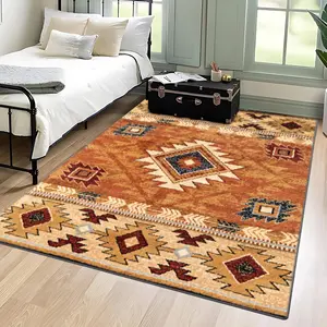 Velvet + Soft and Comfortable American Ethnic Geometric Retro Texture Pattern Printed Carpet, Home Decoration Carpet, Living Room Large Carpet Sofa Cushion Door Mat Coffee Table Mat Bedroom Carpet Bedside Mat, Boho Area Rug, Decorative Area Rug