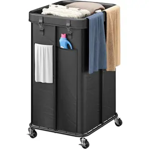 Laundry Hamper with Wheels, Rolling Laundry Basket with Metal Frame and Removable Bag, Double Laundry Hamper 2 Section, Large & Tall Dirty Clothes Hampers for Bedroom Aesthetic, Laundry Room, Bathroom