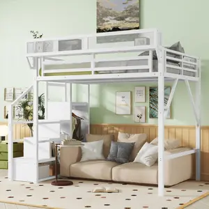 Full Size Loft Bed with Stairs, Heavy-Duty Metal Full Loft Bed with Storage Shelves, High Loft Bed with Wardrobe, Noise Free