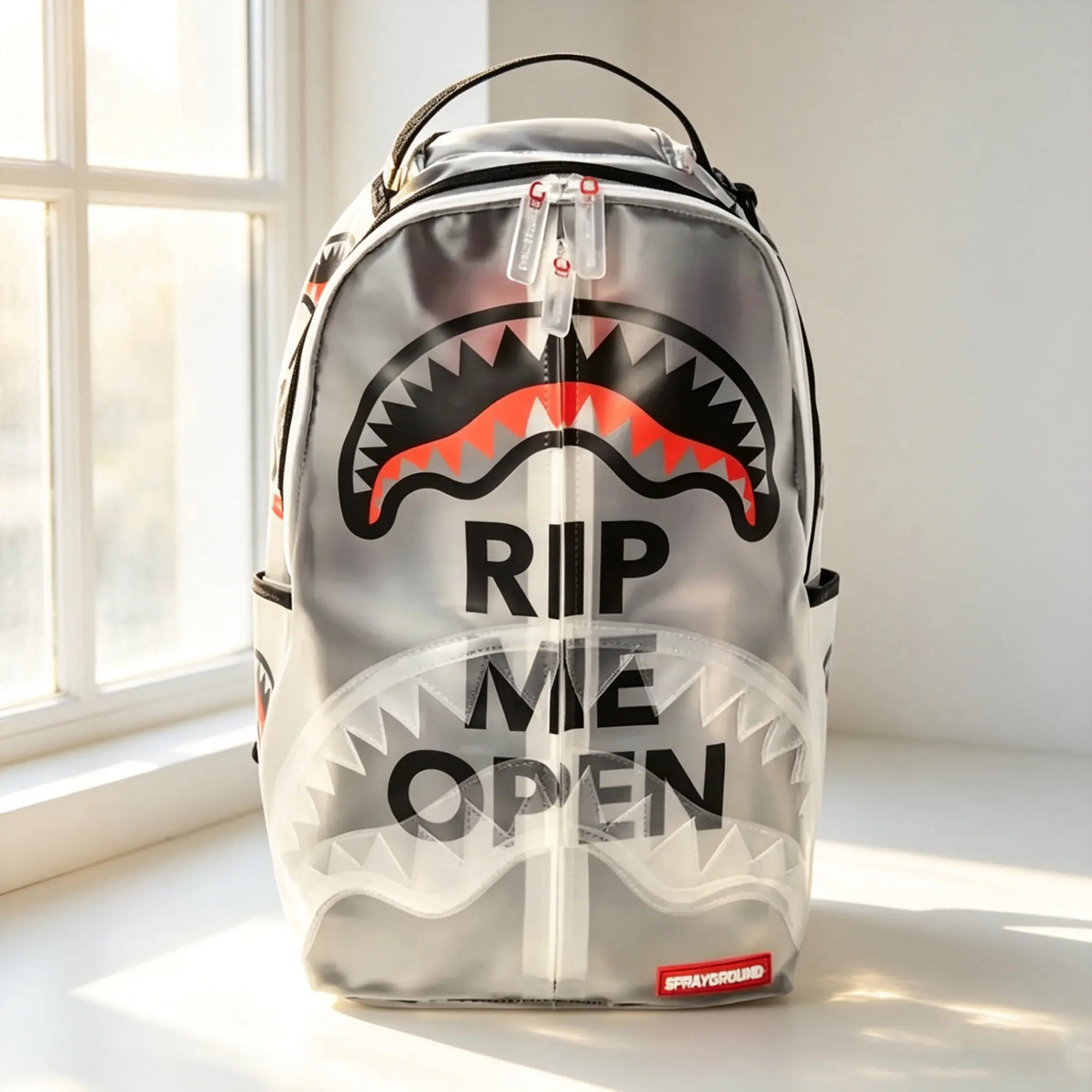Sprayground Transparent Shark Mouth RIP ME OPEN Print PVC Backpack, Large-Capacity Waterproof Laptop Bag, Trendy Streetwear Rucksack for Teen Boys & Girls, Ideal for School Travel Daily Commute