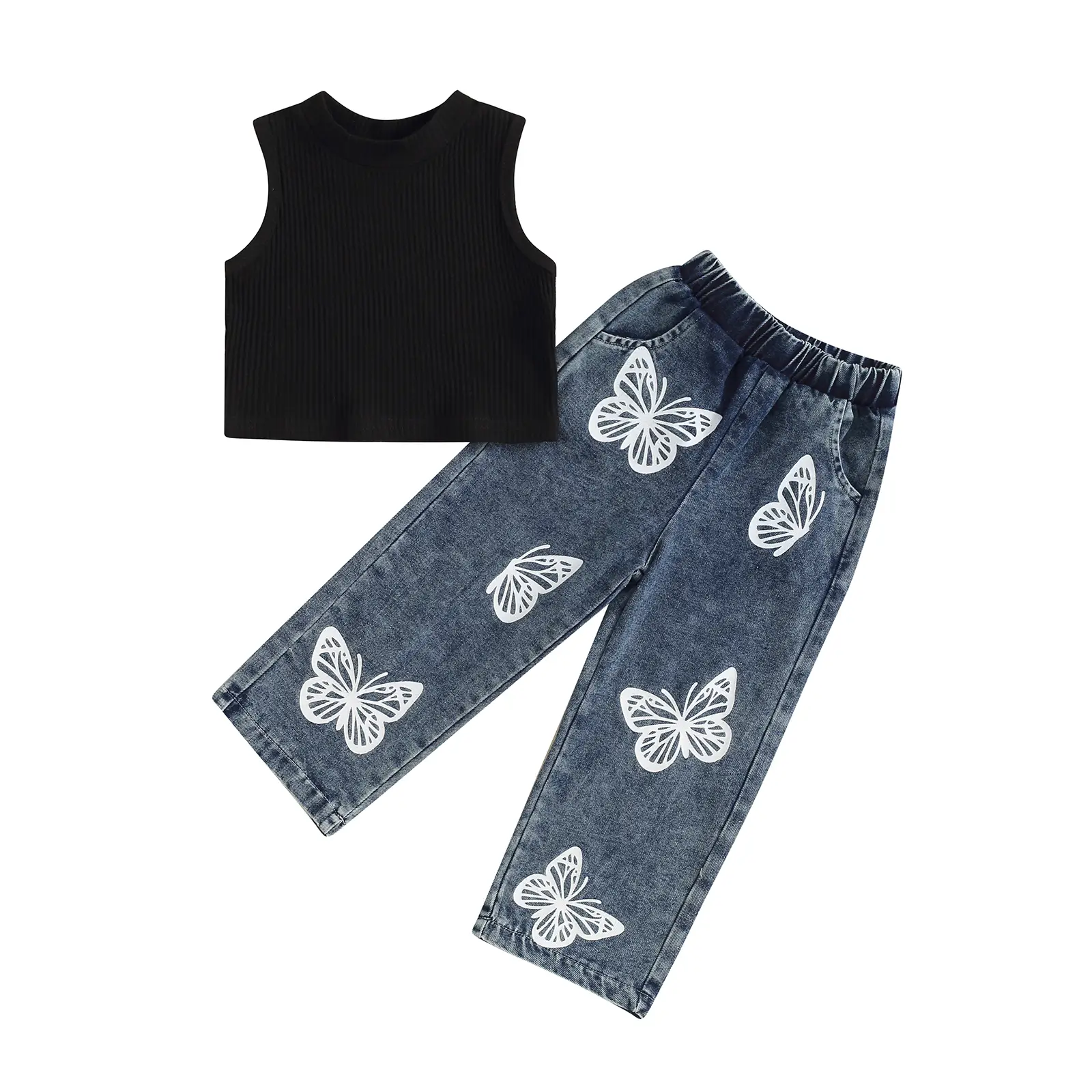 Canrulo Toddler Girls Jeans Outfit Sleeveless Ribbed Tank Tops Denim Pants Trousers Set Spring Summer Clothes