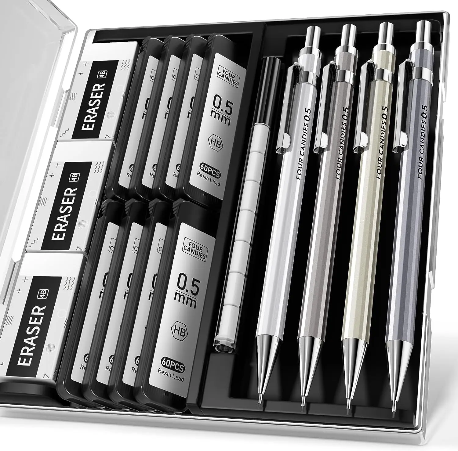Four Candies  Mechanical Pencil Set with Case - 4PCS Metal Mechanical Pencils, 8 Tubes HB #2 Lead Refills, 3PCS 4B Erasers and 9PCS Eraser Refills, Lead Mechanical Pencils for Writing & Drawing,Art Supplies,Art Materials