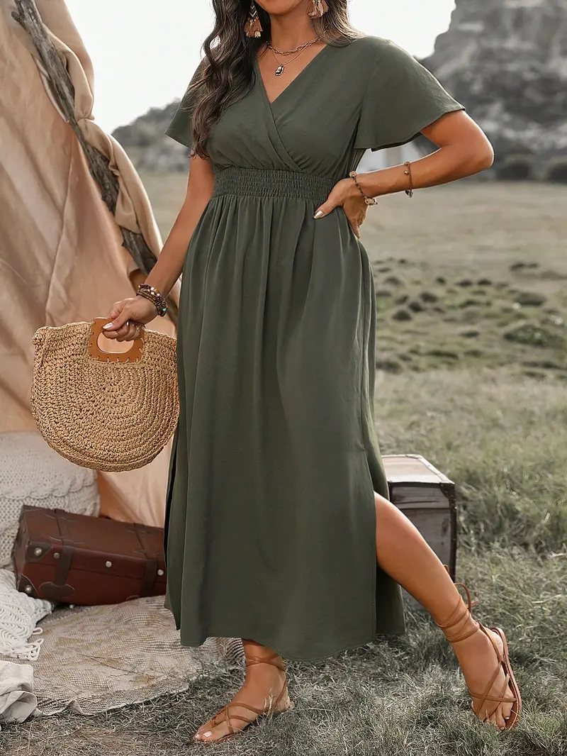 Plus Size Women's Waist Wrap & Ruffle Sleeved Dress