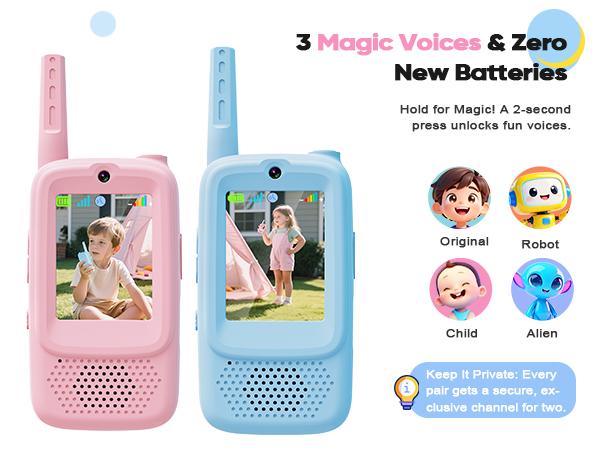 Careenoah Video Walkie Talkies for Kids 2 Pack with Voice   Changer 1000 Feet Range Fun Toys for Indoor Play   Camping Hiking Travel Birthday for Boys Girls Ages 3-10   Safe Communication Cartoon Character Design