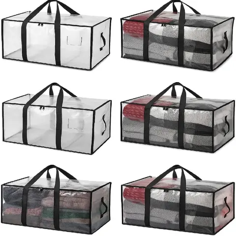 6-Pack Oversized Sturdy Foldable Moving & Storage Organiser Bags, Large Heavy-Duty Garage/Clothes/Books Packing Bags with Backpack Straps, Zippers & Handles (Strap-Carry Design), 50 lbs Capacity for Moving, Bathroom Organization