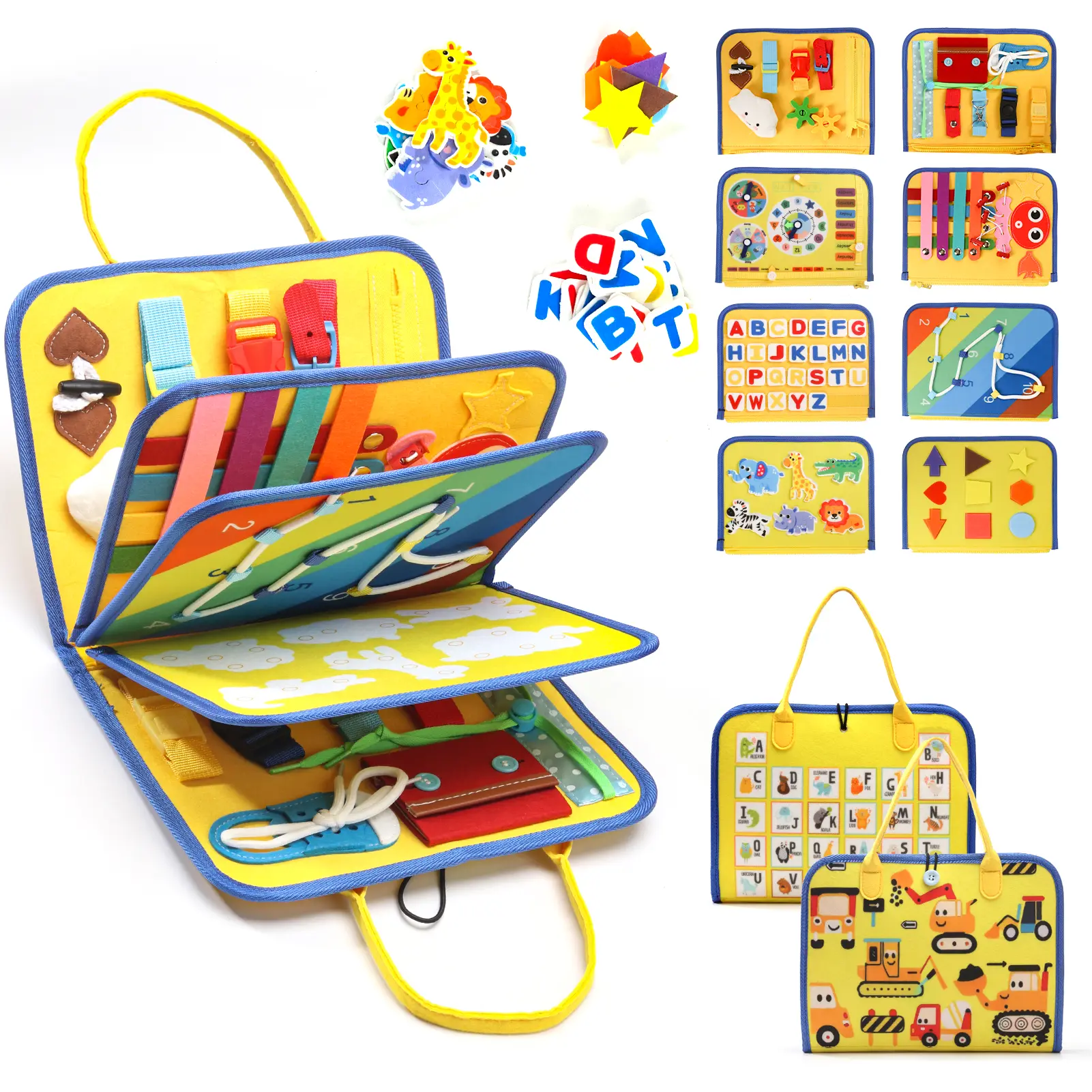 Montessori Soft Felt Busy Board Multi Activity Playset Educational Fine Motor Skills Toy with Velcro Fasten & Calendar, Toddler Travel Toy for Airplane-Car Use, Toddler Learning Activities Gift, Preschool Learning Tool
