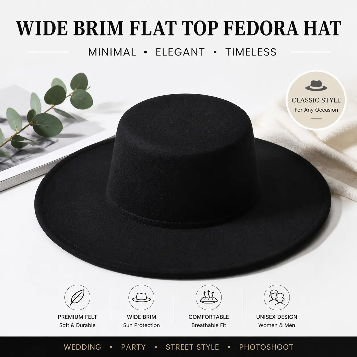 Solid Black Wide Brim Flat Top Fedora Hat For Women, Minimal Elegant Felt Flat Crown Hat, Classic Formal Casual Sun Hat For Wedding Party Street Photoshoot