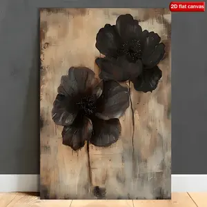 1 Piece Framed Canvas Wall Art - Black Floral Painting, Beige/Brown/Grey Background - Wrapped Canvas with Frame for Modern Home Decor, Suitable for Living Room, Bedroom, Office - Ready-to-Hang Elegant Floral Decoration, Canvas Wall Art Ready to Hang, Text
