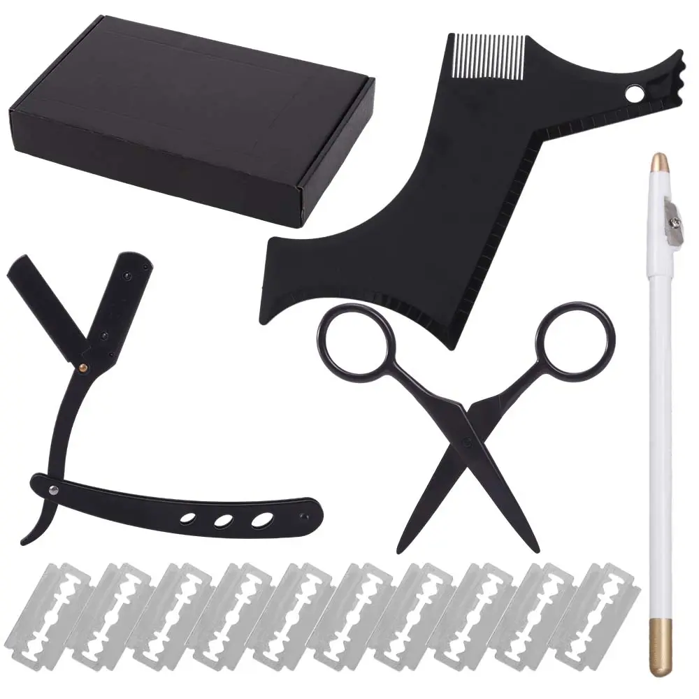 Beard Shaping Tool - Include Professional Straight Edge Razor, Template Guide, 10 Count of Double Edge Blades, Barber Pencil and Stainless Steel Scissors, Beard Guide Shaping Tool Kit Gift For Men