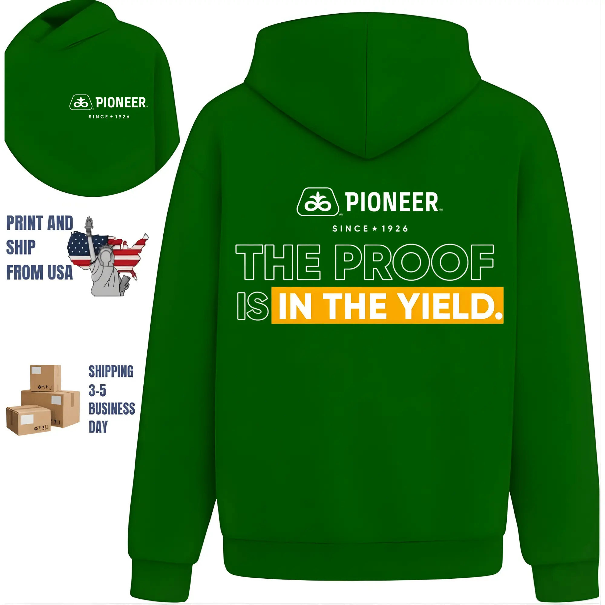 Pioneer Proof Is In The Yield Hoodie, 2 Sides, bold agriculture slogan graphic, oversized Hoodie for men, farming workwear style, gift for farmers
