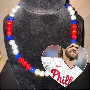 Red white and blue hand crafted beaded rhinestone necklace