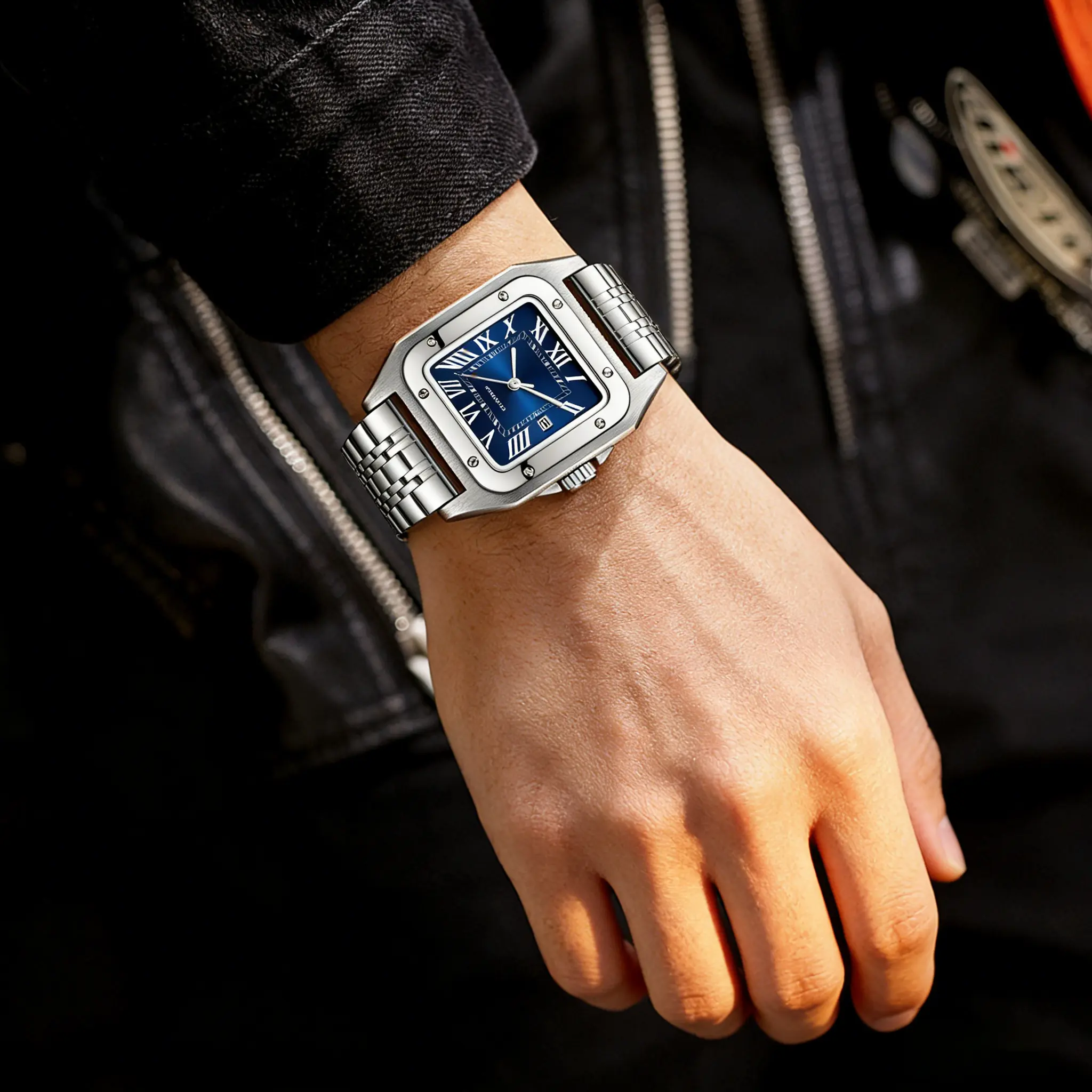 Silver Analog Watch Roman Numerals Stainless Steel Strap Waterproof Unisex Unisex Classic Square Roman Numerals Silver Analog Water  main image 2