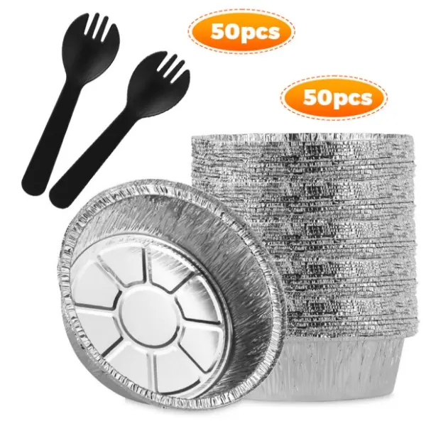 50 PCS 6-Inch Round Aluminum Foil Cake Trays with 50 PCS Disposable Fork Spoons and Aluminum Foil Bowls suitable for Easter Baking Tarts and Cheesecake | Great Gift for Bakers&Chefs