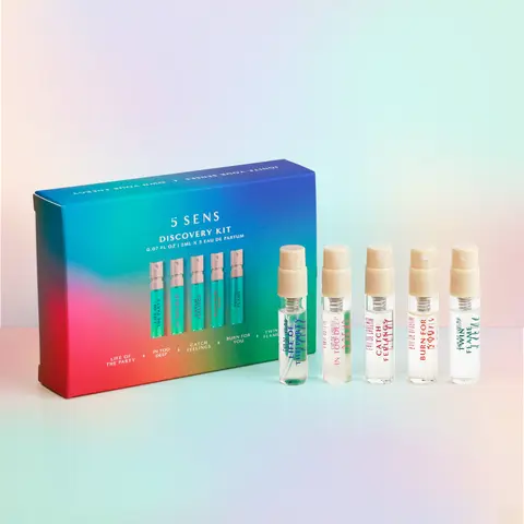 5 SENS Discovery Kit Perfume Sampler | Find Your Mood in 5 Scents | 5 x 2mL Mini Eau de Parfum Set for Women | Vanilla, Blackcurrant, Damask Rose, Cedarwood, Sandalwood | Long-Lasting Clean Vegan Fragrance