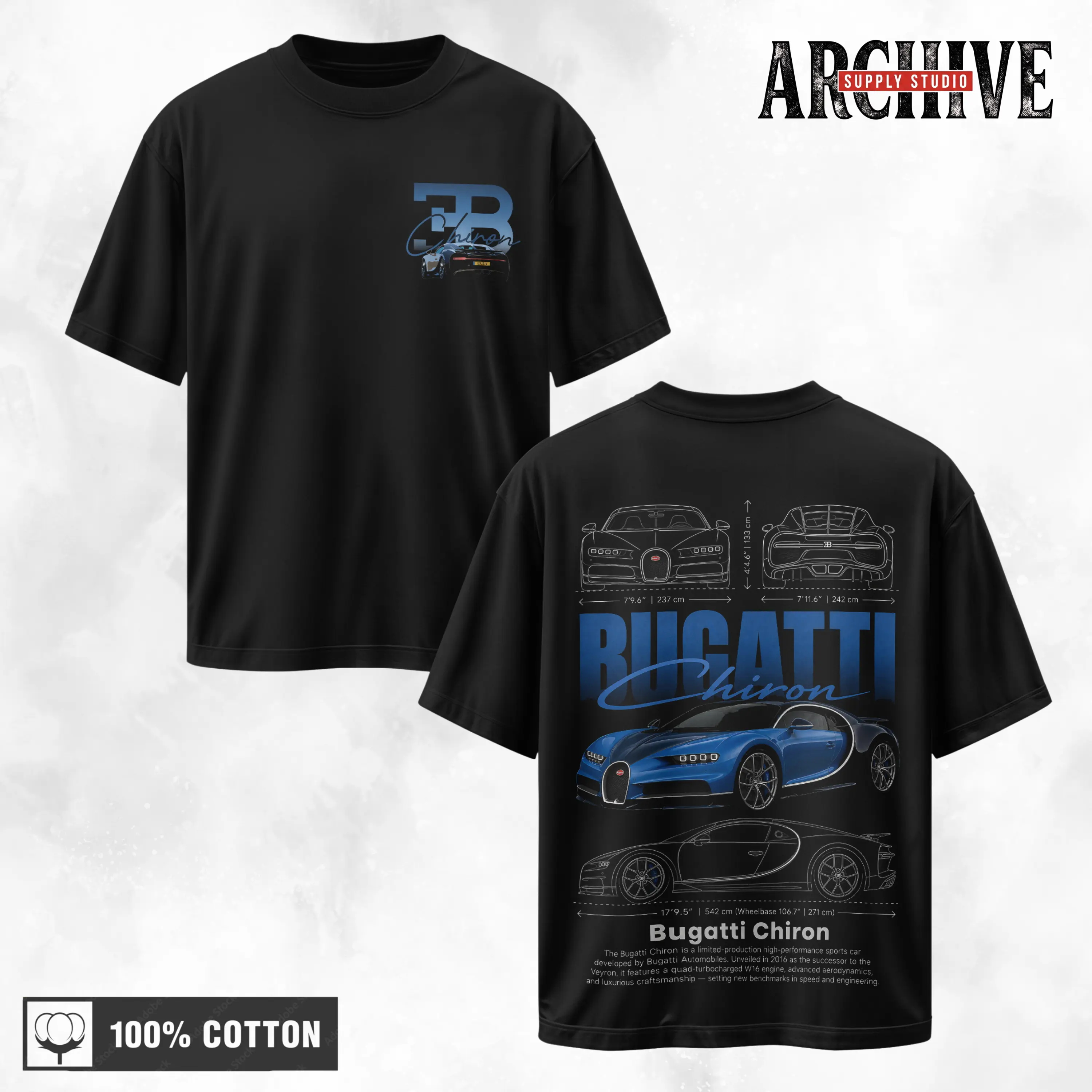 Retro Two Side Bugatti Chiron Hypercar T-Shirt, French Supercar Graphic Tee, Engine Car Detail Vintage Unisex Graphic Tee - Top Trendy Y2K Classic Streetwear Racing Style For Fans