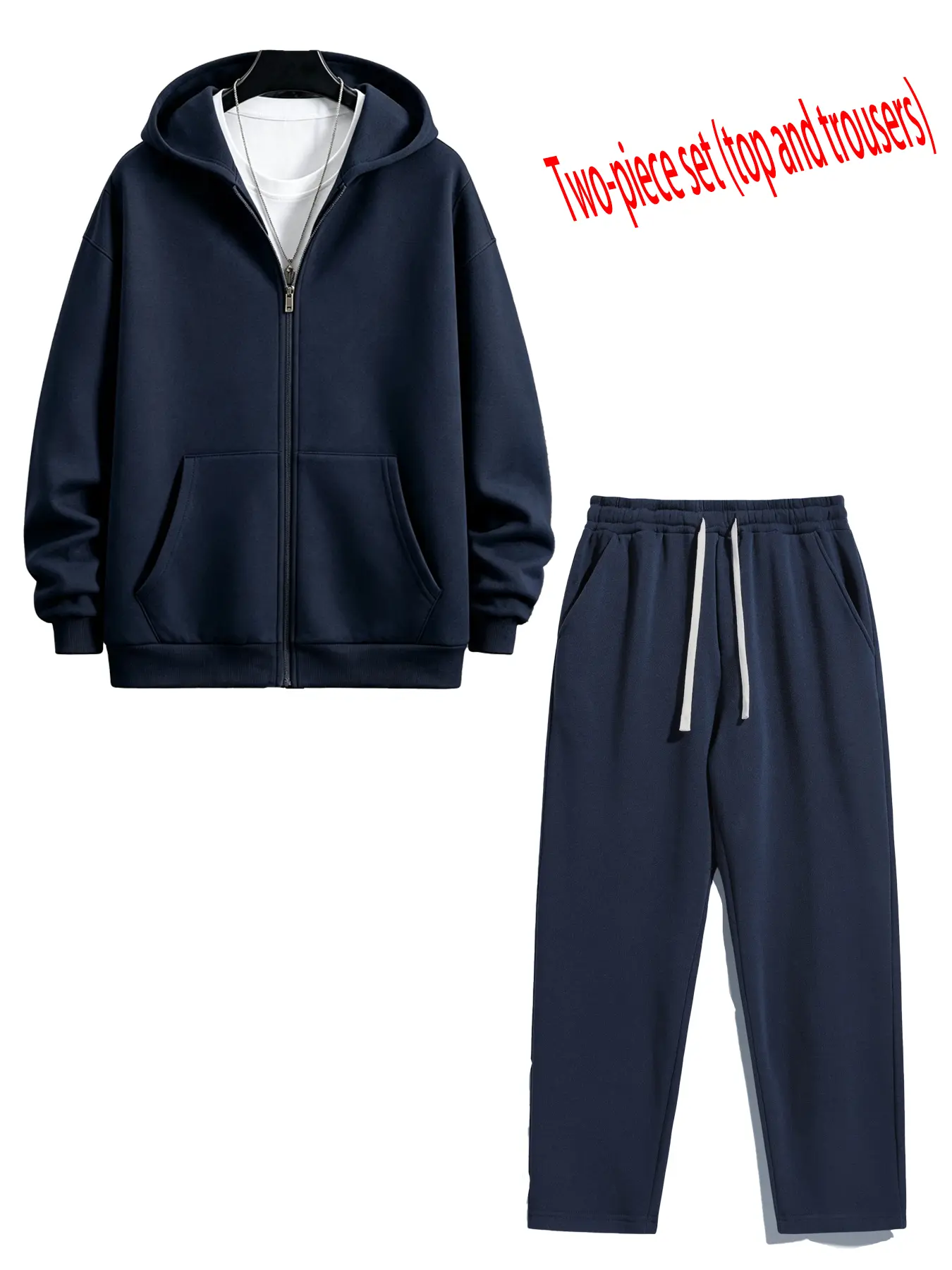 Men’s solid gray two-piece athletic set — full-zip hooded sports top and regular casual pants, size S; cute two-piece set; men’s casual sportswear; cute two-piece set; blue set