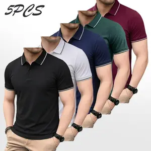 Pack of 5 high-quality men’s casual short-sleeve polo shirts featuring a white striped collar design. Quick-drying and breathable golf and tennis tops, comfortable riding apparel, stylish men’s sportswear, suitable for casual gatherings, holidays, and tra