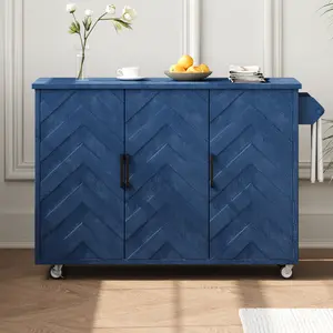 Cupboard kitchen; 51.2"W 3D Wave Stripes Ash Veneer(Not Cheap Paper) Kitchen Island with Drop Leaf, Farmhouse Kitchen Island on Wheels with Internal Storage Rack, Rolling Kitchen Cart (Navy Blue) cupboard  kitchen