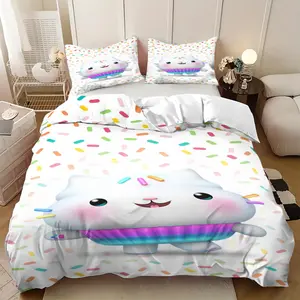3Pcs Gabby s Dollhouse Cakey CAT Pattern Fashion Modern Anime Print, Comfortable Breathable Soft Bedding Sets Collection, Ideal for Guest Room Home Decor, Popular Family Holiday Gift, 1 Duvet Cover 2 Pillowcases (No Insert)