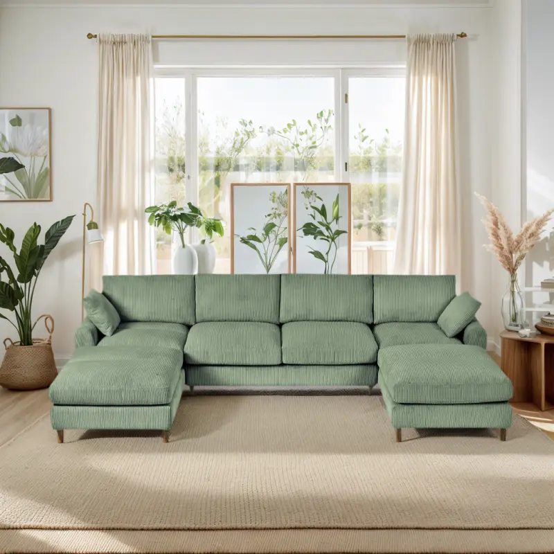 [SOIYELIFE] Modern corduroy modular section sofa, U-shaped convertible L-shaped sofa set with pillow, oversized sectional sofa with footstool, suitable for living room, attic, apartment, Olive Green 6 seat Cool furniture sleeper  sectional couches