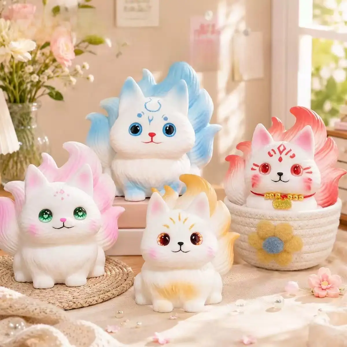 Unisex 4-Style Cute 9-Tails Fox Squishy Toy - Soft Textile Stress Relief Sensory Play Toy, Portable Fox Theme Novelty Gift for Above 12 Daily Leisure & Party Decoration, Hand Squeeze