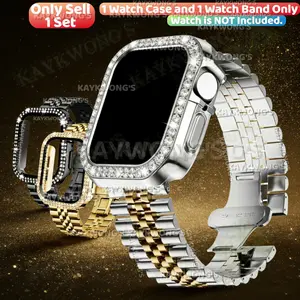 KAYKWONG'S 1 Set of 1-piece Durable Stainless Steel Watch Band + 1-piece Sparkling Rhinestone Case, Smartwatch Accessories, Compatible with Iwatch 11/10/9/8/7/6/5/4/3/2/1 Series, Size 46mm/45mm/44mm/42mm/41mm/40mm, Daily Protection