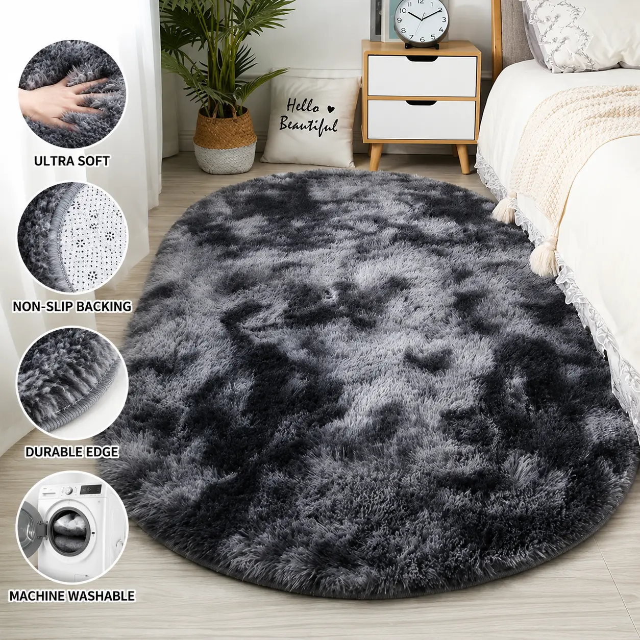 Ultra Soft Shag Area Rug, Fluffy Non-Slip Plush Carpet for Bedroom, Living Room & Bedside, Tie-Dye Faux Fur Floor Rug, Pet Friendly, Washable Modern Home Decor