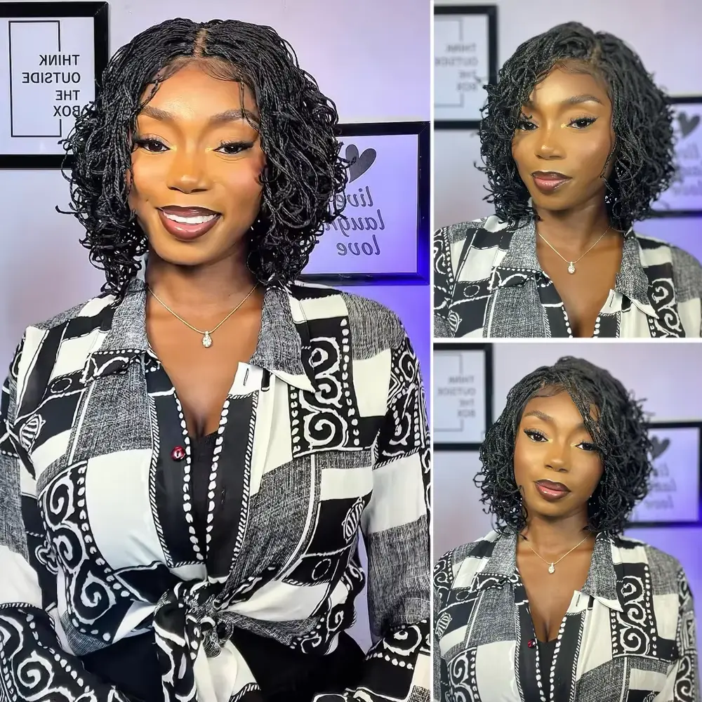 Women's 12in Double Full Lace Pixie Curl Synthetic Braided Short Bob Wig - Handmade Cornrow Box Braids, Faux Locs, Knotless Crochet Dreadlocks, Baby Hair, Heat Resistant for Daily & Summer Party Wear, Curly Hair, Pixie Curl Synthetic Braided Lace Wigs