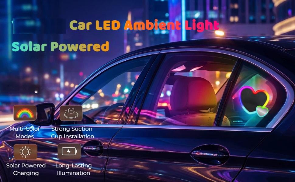 New Car LED Ambient Lighting - seven Colors eight Modes RGB Solar Powered&USB Charging Two Heart-Shaped Neon Light for Window Car Interior Light Decoration IP65 Waterproof