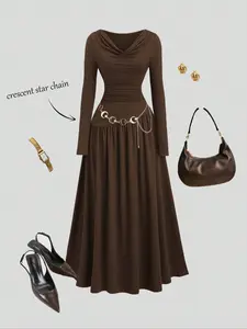 Women's Spring Autumn Coffee Color Dress, Deep V Neck Luxury Long Dress with Metal Waist Chain, Elegant Long Sleeve Simple Design
