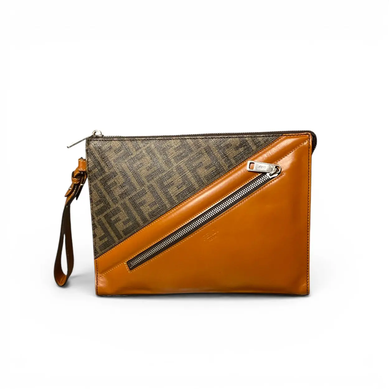 Pre-owned FENDI Calfskin & Coated Canvas Clutches & Wristlets Zucca Diagonal Flat Slim Clutch Bag, Unisex