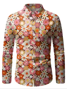 Men's Vintage Disco Hip Hop Long Sleeve Fitted Shirt, Bright Colors Print Button Casual Party Wear, Bohemian Style Holiday Top
