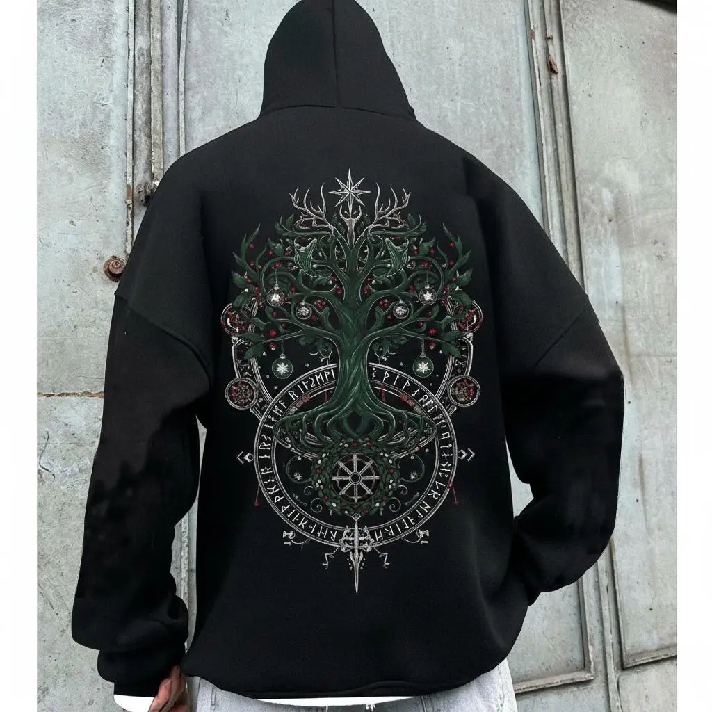 Limited Retro Vintage Yggdrasil Tree of Life Viking Hoodie Unisex Oversized Norse Mythology Graphic Hooded Sweatshirt Heavyweight Fleece Gothic Streetwear Cozy Pullover Gift for Men Women