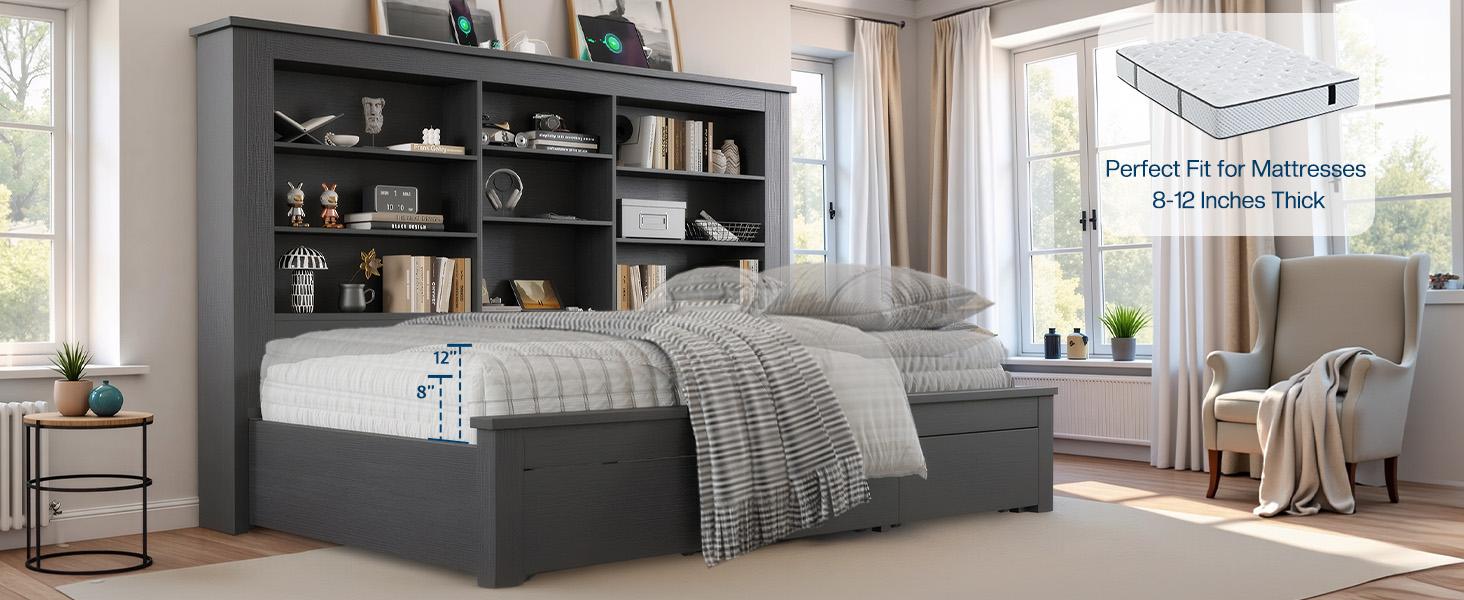 AMERLIFE Twin Daybed with Bookcase Headboard, USB-C Charging, RGB Lights & 3 Drawers, No Box Spring Needed, Farmhouse Wood Bed Frame for Teens, Dorms, Guest Room, Black/Best Gift Ideas/Christmas Gifts