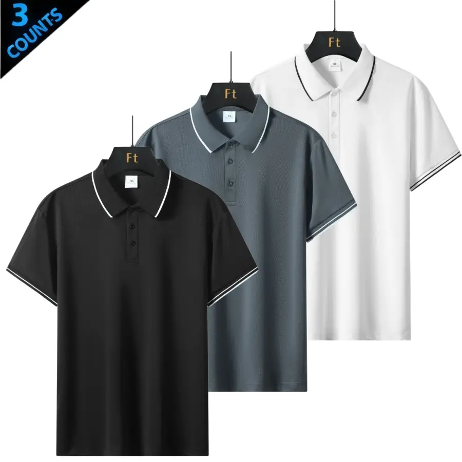Three color contrast polo shirt for men, featuring a classic notched collar paired with white piping for refined details. Front button accents add a clean finish, and the short sleeve fit is suitable for multiple seasons. The mesh fabric is breathable and