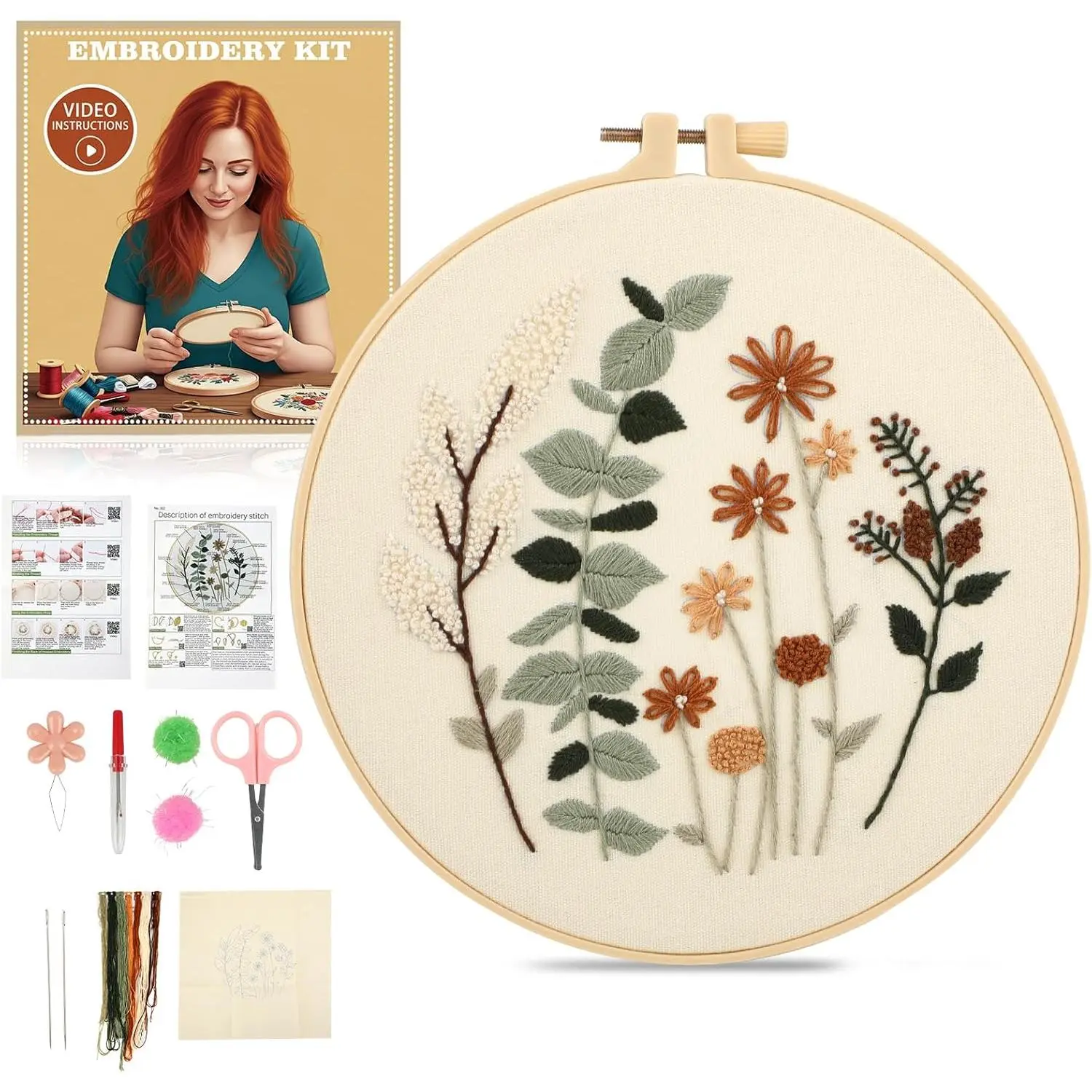 Beginner Adult Embroidery Kit - 1 Kit, Durable Cotton Fabric, Beautiful Nature-Inspired Flower Design, Synthetic Color Threads, Full Accessories, Easy-to-Follow Instructions, Video Guide (DIY Needlework Hobby), Beautiful Design
