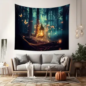 Classic Fantasy Forest Lantern Tapestry, Enchanted Fireflies and Butterflies Wall Hanging, No-Electricity Polyurethane Home Decoration, Suitable for General Occasions Bedroom Art