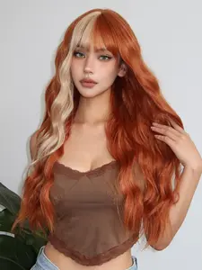 Women's 28 Inch Synthetic Fiber Wig, Wave Design with Bangs, Long Curly Hairpiece, Synthetic Wavy Wig for Parties & Cosplay Events, Synthetic Wigs