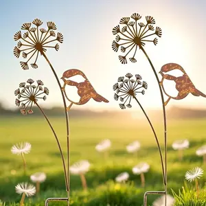 2pcs Rusty Dandelion and Bird Metal Stakes, Rustic Garden Decorations for Yard, Patio, Outdoor Lawn, Natural Landscape Accent, 2D Flat Design
