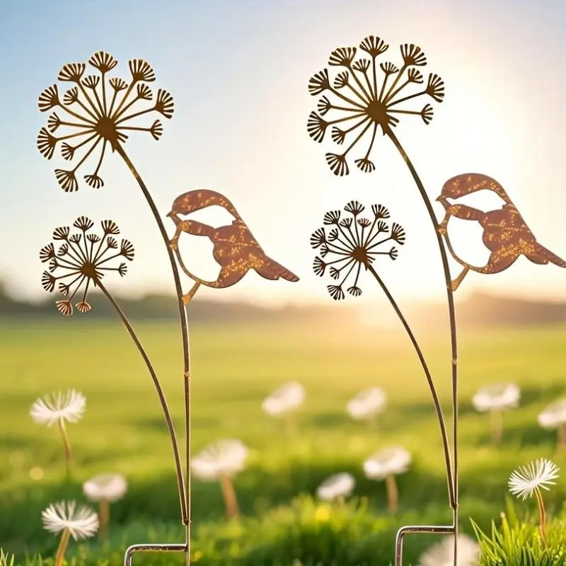2pcs Rusty Dandelion and Bird Metal Stakes, Rustic Garden Decorations for Yard, Patio, Outdoor Lawn, Natural Landscape Accent, 2D Flat Design, Metal Birds Sculptures