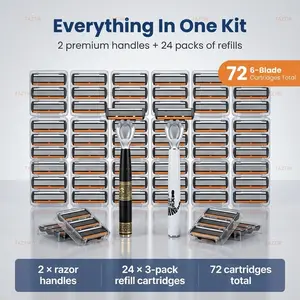TazTir Traditional Shaving Set  Razor For Men 48 Pack + 24 Pack Six-Layer Blade 2 Handles & 72 Replaceable Blades Ergonomic Handle Design Providing Men With A Smooth And Precise Grooming Experience Perfect Gift For Christmas, Valentine's Day Etc