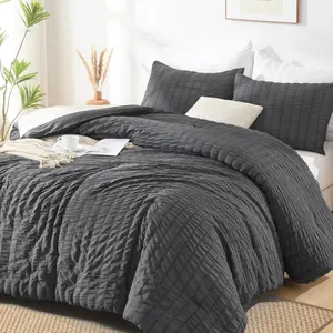 Seersucker King Comforter Set (104x90 inches), 3 Pieces - 100% Soft Washed Microfiber Lightweight Comforter with 2 Pillowcases, All Season Down Alternative Comforter Set for Bedding, Gray