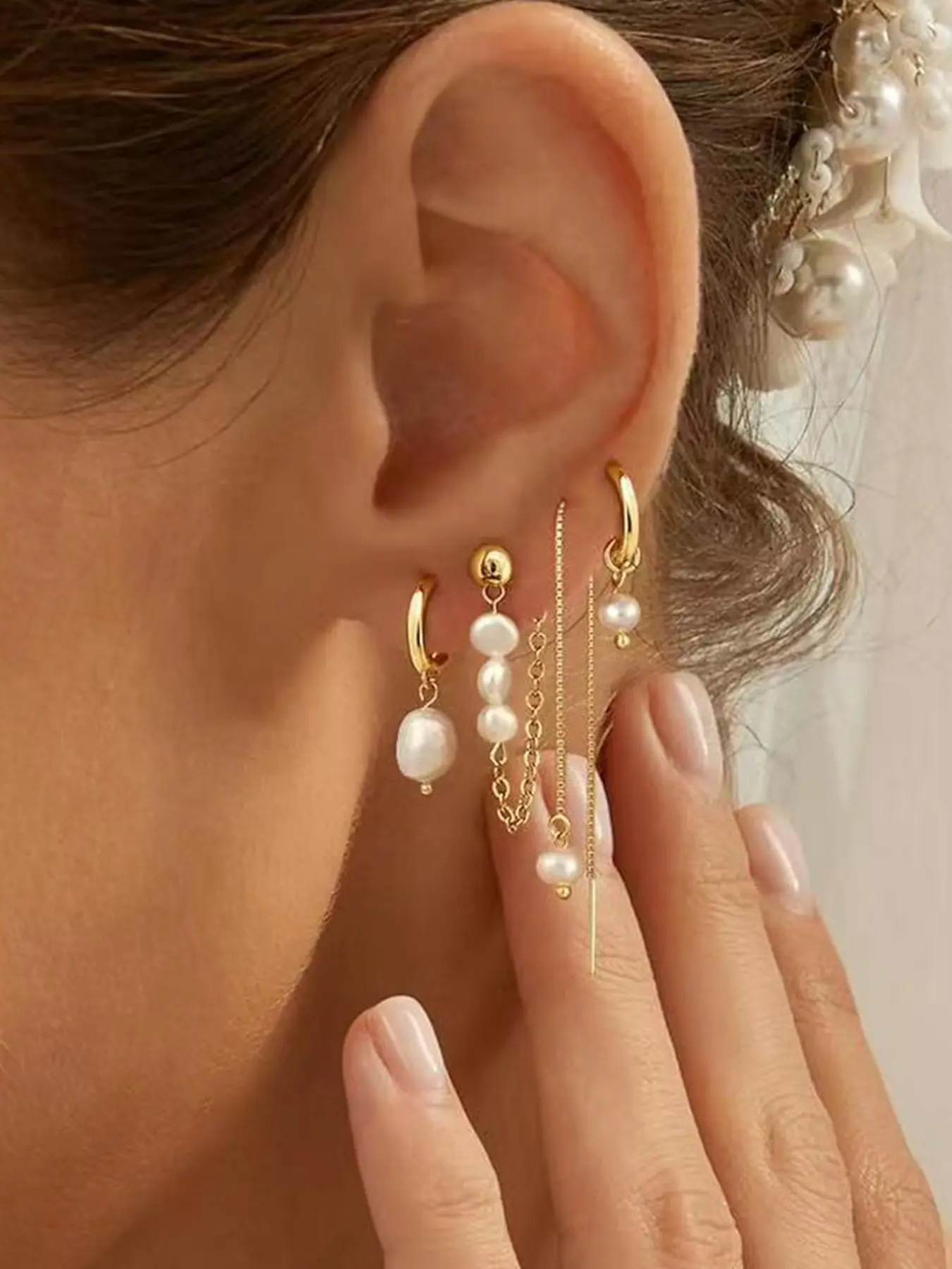 Women's Pearl Embellished Earring Stack, Dainty 14k Plated Hypoallergenic Hoop & Dangle Design, Perfect Gift for Her, Earring Stacking Set Earrings Jewelry