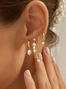 Women’s Pearl Earring Stack, Dainty 14k Plated Hypoallergenic Hoop & Dangle Design, Perfect Gift for Her